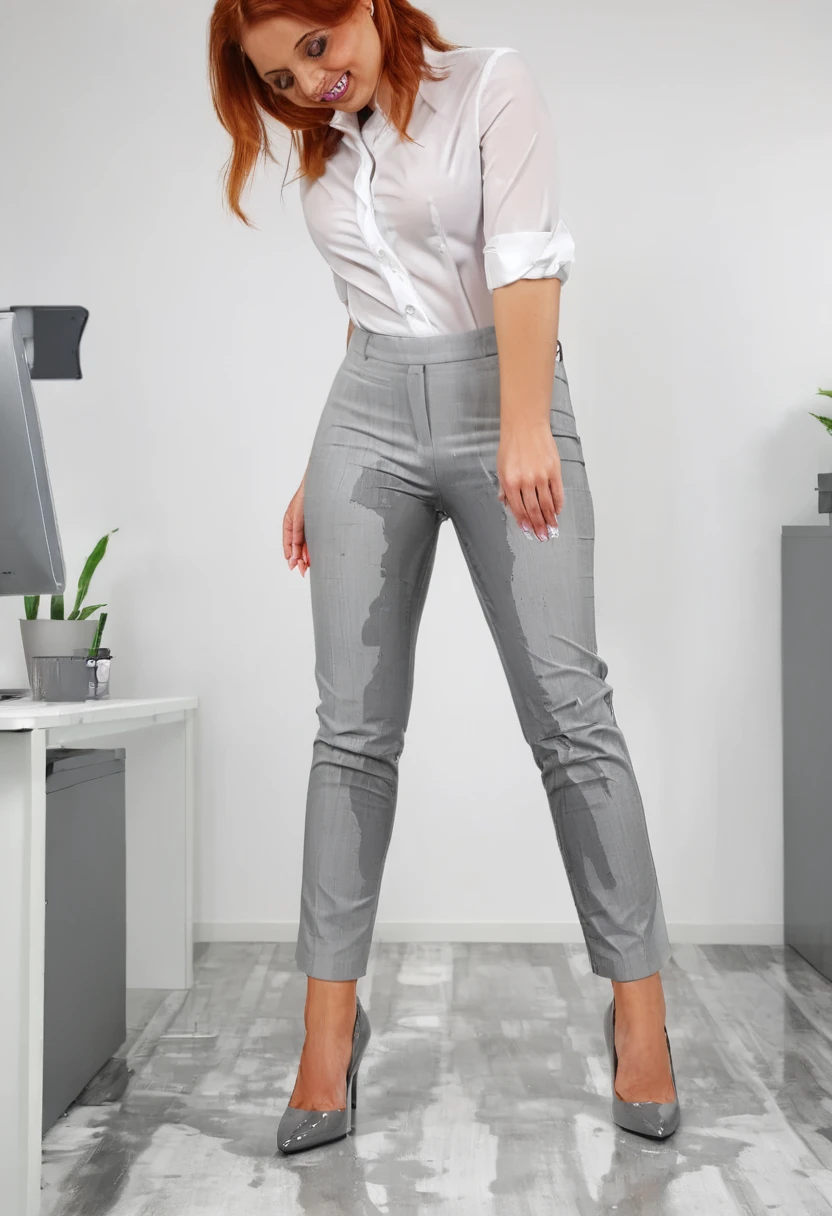 attractive redhead woman wearing gray dress pants, high heel pumps, white blouse, standing in an office, wetting, big smile, pee stains are gleaming wet, pants really soaked with pee