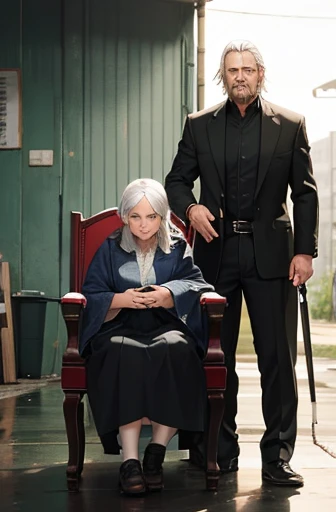 Realistic style, In the midnight, basking in the sun on military base. BREAK A kind-looking old man and woman sit in chairs, smiling with their eyes narrowed. BREAK Both are gazing at the MECA, with their son nearby, who is also standing and having AK-47. BREAK The old man is wearing 眼帯, his hair is thin and white. BREAK The old woman's hair is white, and both have noticeable wrinkles on their hands and faces.{{masterpiece}},{Super detailed},{high quality},{perfection},Metal Gear Solid style,