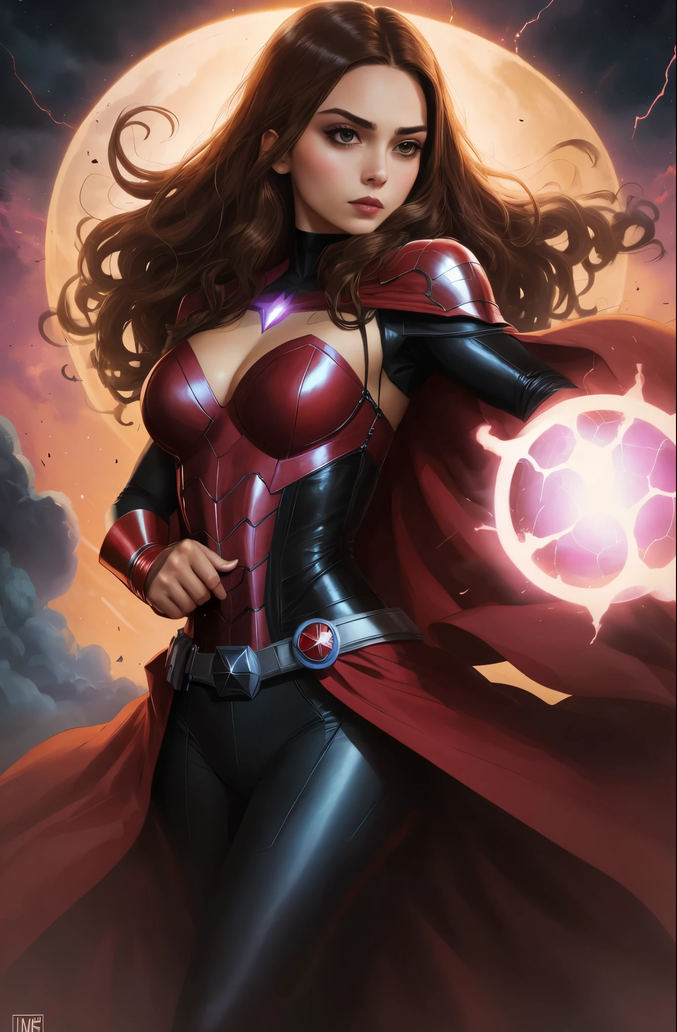 um close up de uma mulher com uma capa vermelha e uma capa preta, Feiticeira Escarlate, Feiticeira Escarlate Marvel, Wanda Maximoff,