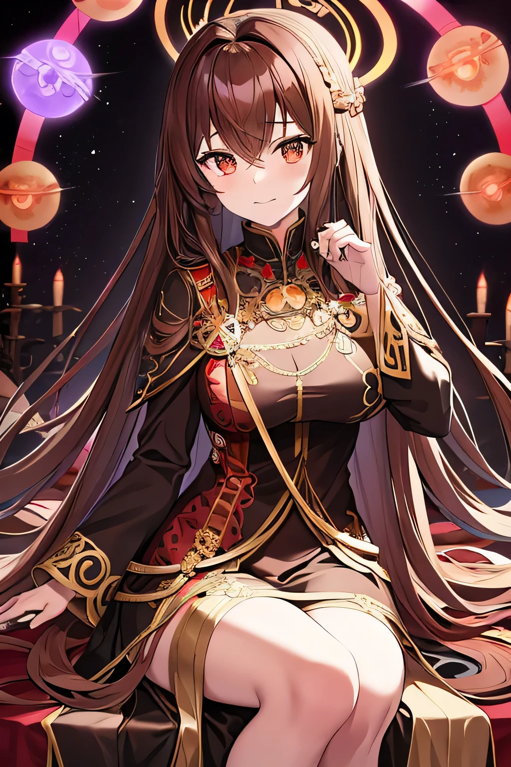 Character from Anime, Long Brown Hair, Wearing an Ornate Witch's Habit with a Halo of Shame, Possessing Deep Brown Eyes Encircled by Tongues of Fire, Exhibiting a Ringued Figure and a Sorrowful Expression, Seated on an Ancient Throne Covered in Precious Stones, Left Hand Holding a Ball-shaped Oculus, Right Hand Holding a Grimoire, Surrounded by a Dark, Mystical Ambiance.