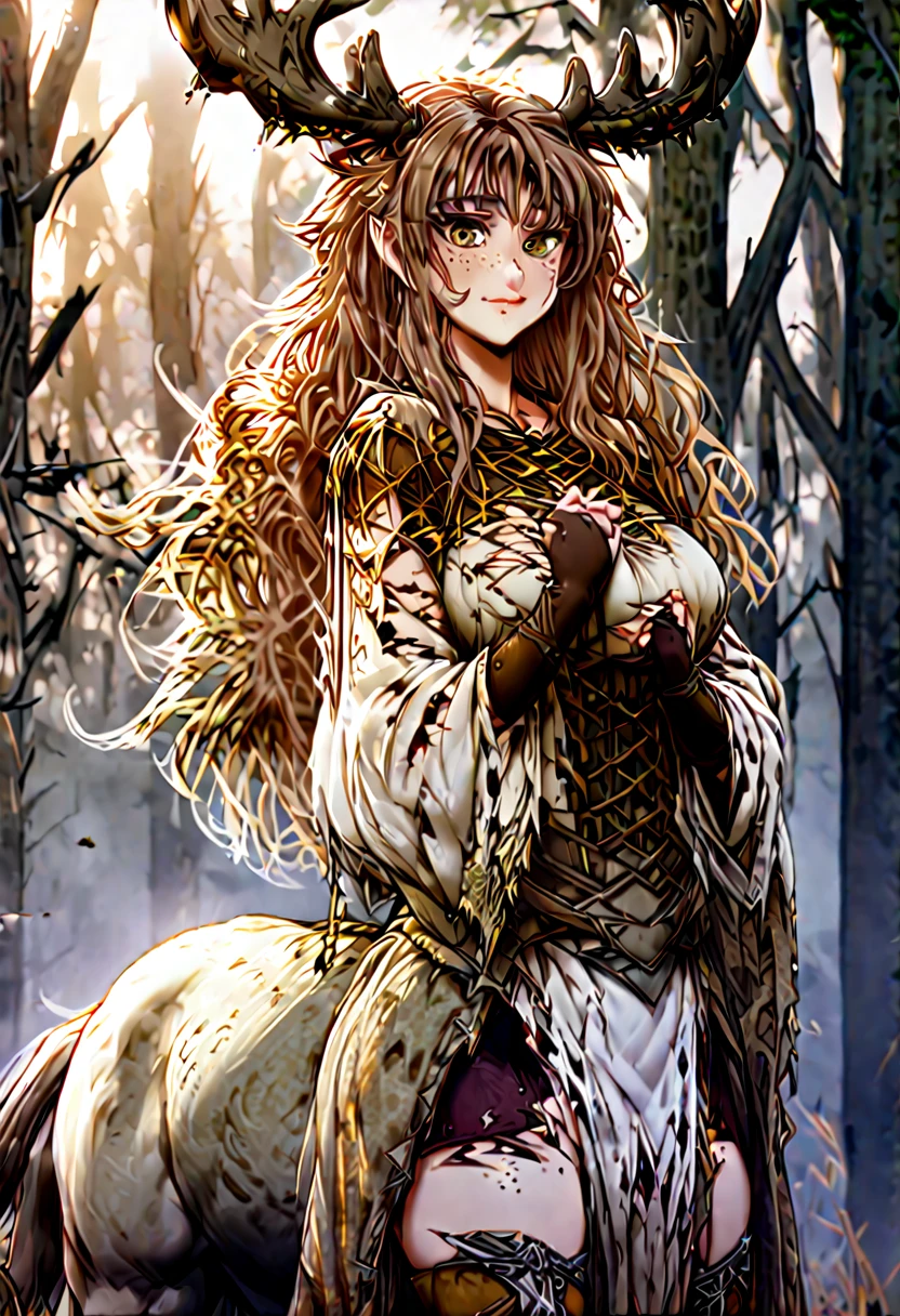 Solo, female, sfw, medium shot, brown hair, long hair, wild hair, deer antlers, huge woman, brown eyes, torn cape, winter, forest, freckles, shy smile, shy pose, deer centaur, villager clothes, medieval