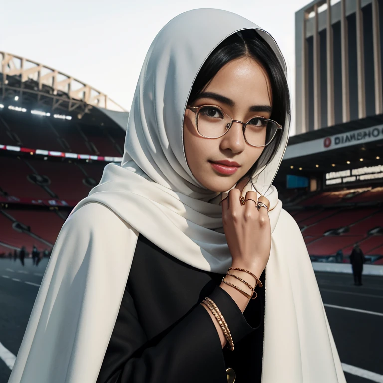 Beautiful glasses sexy Malay girl aged 20 years, olive skin, sharp nose, thin lips, oval face, sharp girl, neat hijab covering all her hair, wearing a white cloak combined with a glamorous black suit, long black trousers, a swiss polo golden watch, bangles, bracelets, necklace, holding a smartphone, seen from the front, full body, Old Trafford statue background, background looks so clear, street photography, realistic photos, 85mm lens, ultra HD, cinematic, very detailed, sharp focus, teasing smile, detailed lip, detailed eyes, detailed horny face