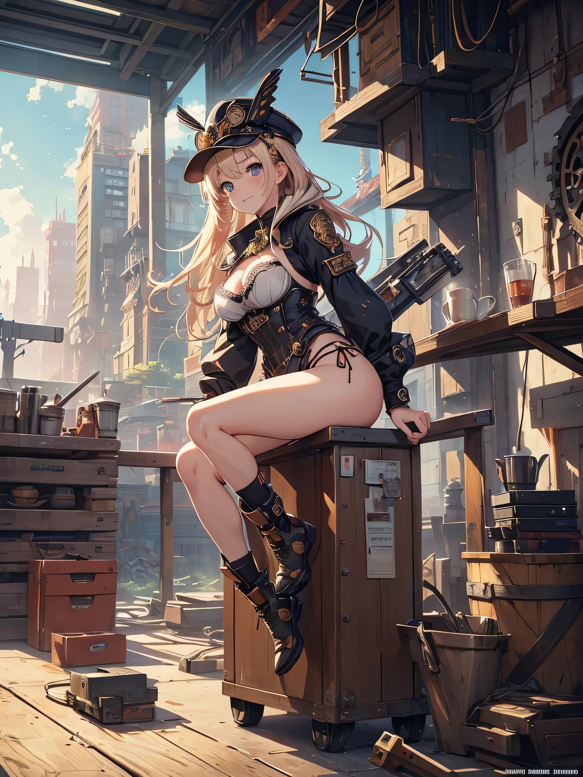 (Line art_anime),(full body, highest quality, ),(Laura Budd Photos:1.2),(Laura Add details:1.0),8k, Flat Color:0.8,1 girl,smile,(Highly decorative and complex mechanical steampunk fashion, Lace flare dolphin hat、goggles、machinery background、Gear background、An elaborately mechanized steampunk cityscape 1.5),Sitting on a toolbox drinking coffee、