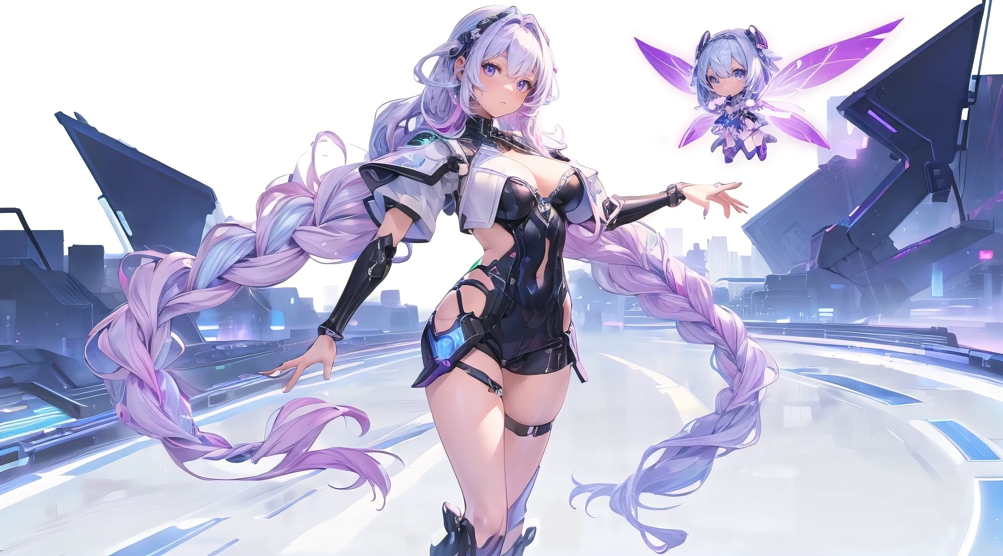 (best quality, ultra-detailed), crypticgirl, standing pose on a digital highway that represents the vast cyberspace, neon lit scenery, with her is a chibi android fairy, detailed mechanical build with wing, braided white hair with purple ombre, flying happily beside her, close-up portrait