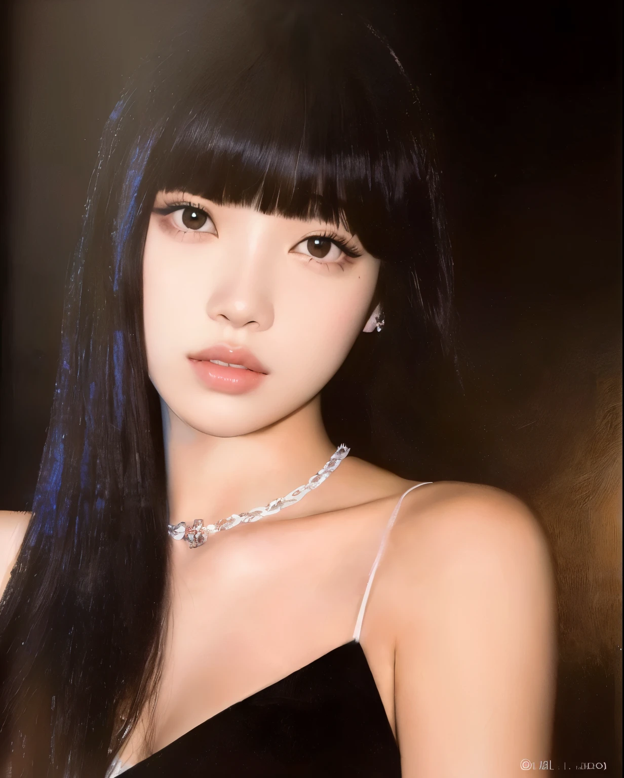 Un primer plano de una mujer con cabello largo y negro con un collar, portrait of jossi de blackpink, ella tiene el pelo negro con flequillo, retrato de jisoo rosa negro, Lalisa Manobal, jossi de blackpink, jisoo de blackpink, sui ishida con cabello negro, Lalisa Manoban de Blackpink, Jisoo de Blackpink, sun yunjoo, con flequillo completo