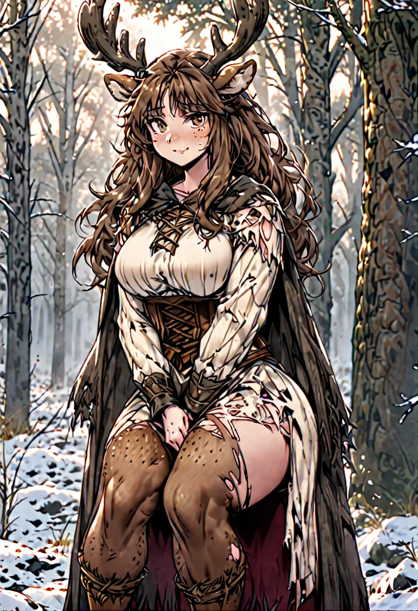 Solo, female, sfw, medium shot, brown hair, long hair, wild hair, deer antlers, huge woman, brown eyes, torn cape, winter, forest, freckles, shy smile, shy pose, deer centaur, villager clothes, medieval, furry legs, deer legs