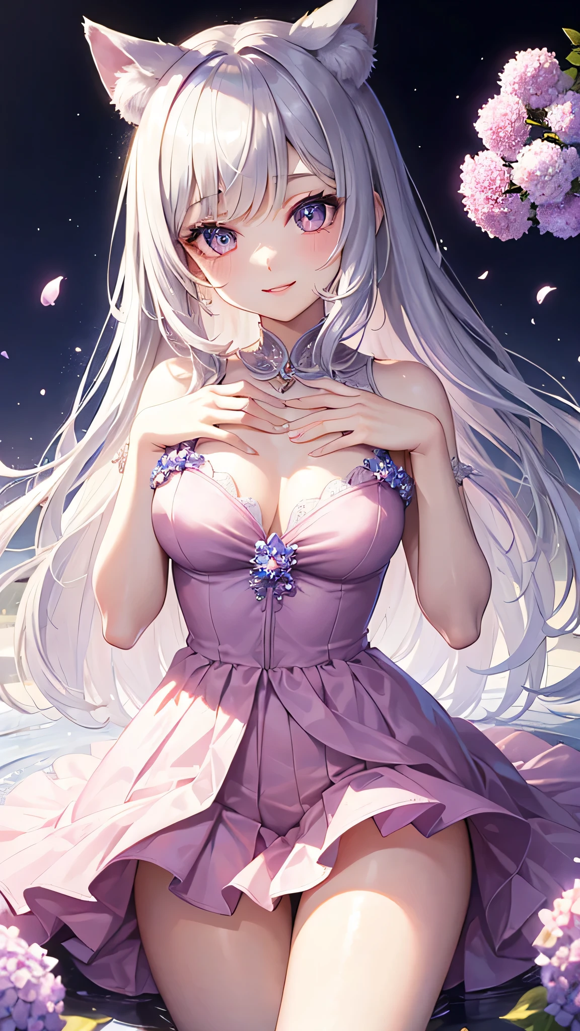 masterpiece,highest quality,Highly detailed face,fine grain,Waterfront,bubble,Sparkling eyes,Highlighted eyes,Center of chest,pretty girl,smile,Cat ear,Beautiful silver hair,Pink inside,Beautiful pink eyes, pantsuit,Hydrangea,