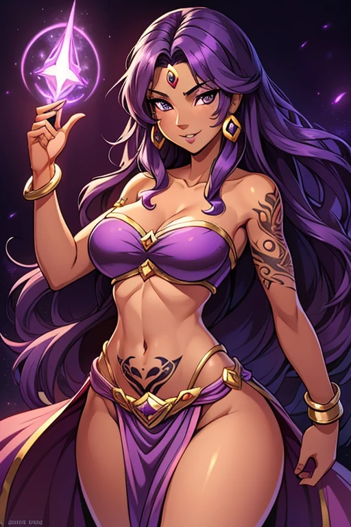 (best quality:1.3), (4K quality), (Detailed face:1.2), (Detailed eyes:1.2), ,Anime Style, solo, 1girl, 25 year old woman, sorceress, (dark skin:1.2), purple hair, wavy hair, long hair, purple eyes, mascaras, purple eyeshadow, (tattoos:1.2), medium breasts, waist, slender legs, attractive body, slim figure, perfect shape, ((Wearing: purple strapless top, purple loincloth, pelvic curtain, golden bracelets)), holding a magical stuff, purple magic. She had a refreshing, charming personality and is ambiguous and mysterious.  looking at viewer, she's looking at the camera with a flirtatious smile. Fantasy based setting with purple background
