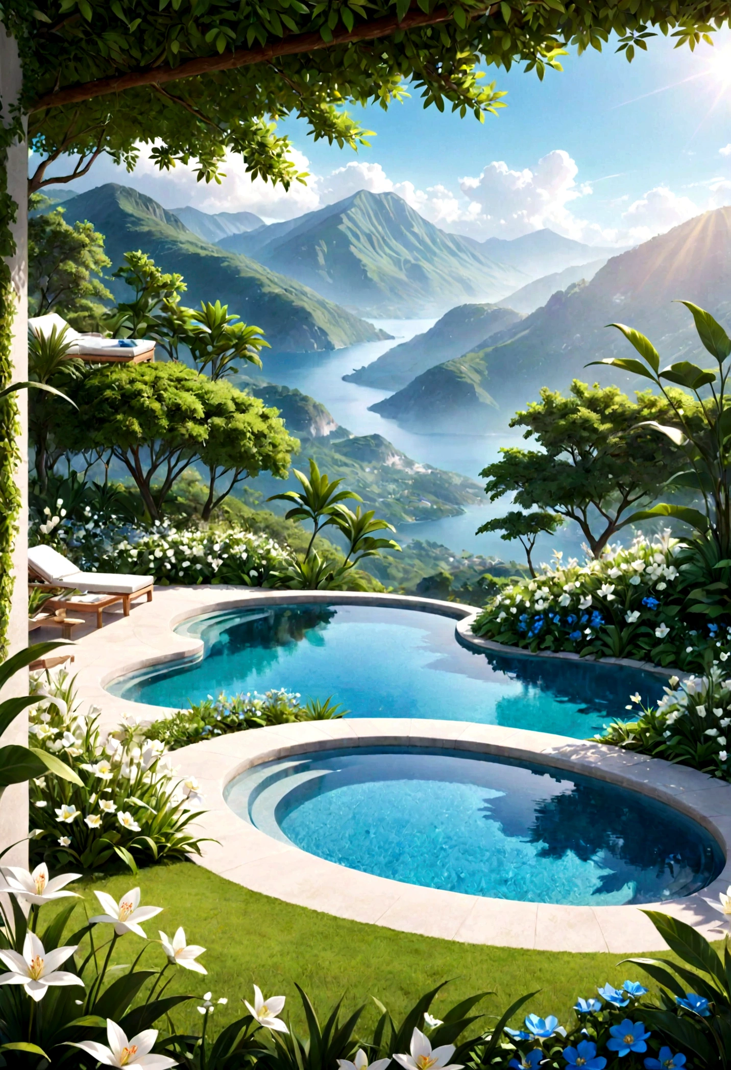 serene landscape, soft lighting, clean and minimalistic background, nature-inspired elements, lush greenery, blooming flowers, tranquil atmosphere, luxurious, high-quality, photorealistic, detailed, high resolution, beauty magazine cover style, wellness, peaceful, harmonious, calm, elegant, vibrant colors, soft focus, scenic view, idyllic, picturesque, natural beauty