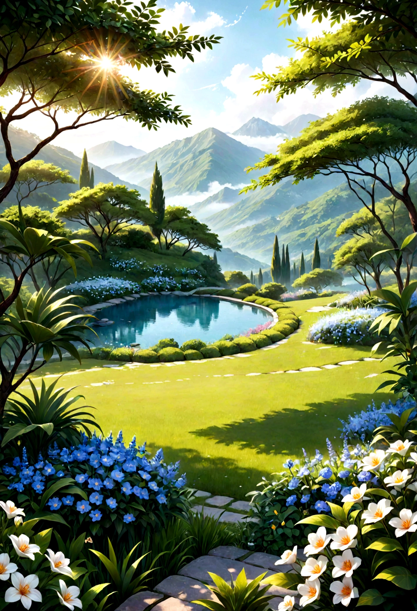 serene landscape, soft lighting, clean and minimalistic background, nature-inspired elements, lush greenery, blooming flowers, tranquil atmosphere, luxurious, high-quality, photorealistic, detailed, high resolution, beauty magazine cover style, wellness, peaceful, harmonious, calm, elegant, vibrant colors, soft focus, scenic view, idyllic, picturesque, natural beauty