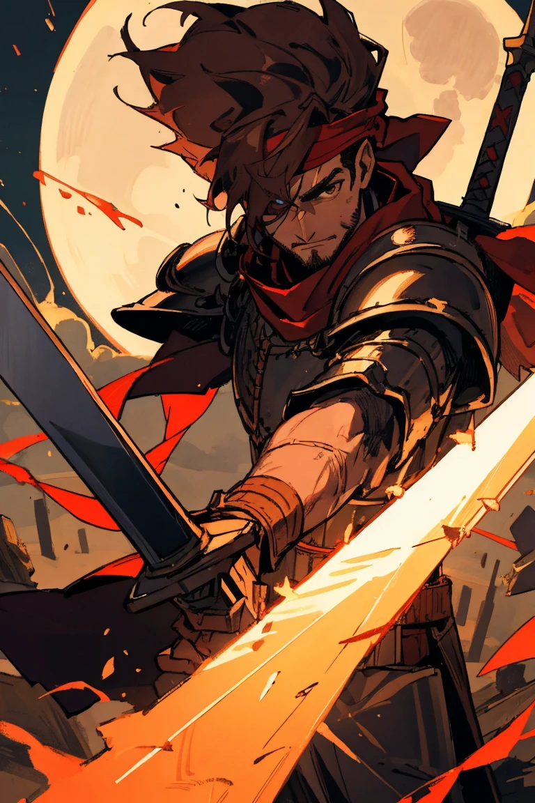 masterpiece,best quality,ultra-detailed,8k,high resolution,Correct drawing,One Eye,Stab wound above one eye,A wide red bandana over one eye,Bronze metal armor, Face close-up,hispanic male、Brown Hair、A fearless smile、Warrior of Darkness,mercenary,30 year old man, sexy, Subjective and sensual poses, Brandishing a huge sword,Claymore Sword,Big moon in the background,prick々Beautiful Moonlight,Comet in the sky,Flame emitting from the tip of the sword
