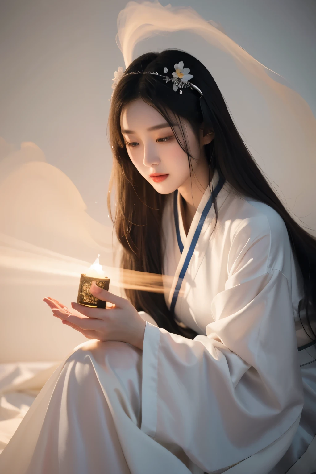 NSFW, Super High Quality, Masterpiece, Perfect Illustration, Extreme Details (Delicate Light and Shadow, Highly Dramatic Picture,)Zhong Hua, 1 Girl, Solo, Hanfu, Ancient_Chinese_architecture, Flower Field, Flowers, (White Smoke:1.3) (Realistic:1.4), Zen Entanglement, Mandala, Tangled, Official Art, Unity 8k wallpaper, super detailed, beautiful and beautiful, masterpiece, best quality, (Dynamic angle: 1.4), glowing skin, (Floating colorful flashes: 1) The most beautiful chaotic forms, elegant, brutalist design, bright colors, romantic depth of field