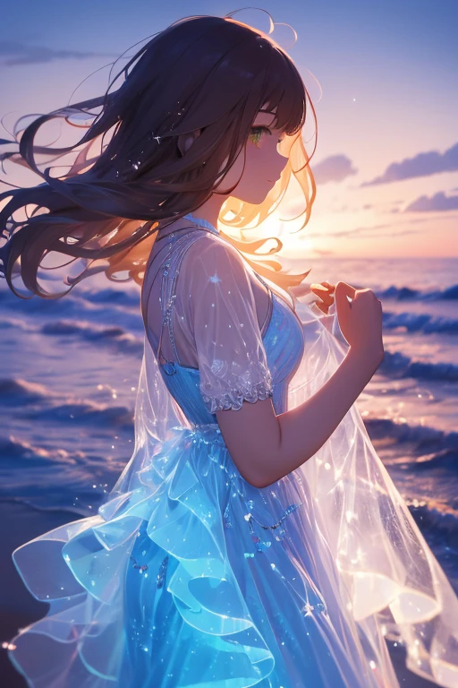 masterpiece、high quality、8k ,Movie stills、One Girl、Detailed face、Brown Hair、night、night空、Floating in the sky、cloudの少女、cloud、(Cleavage close-up: 1.1)、colorful、Translucent body、shine、Lesbians all over、Green Skirt、Blue Skirt、Translucent clothing
