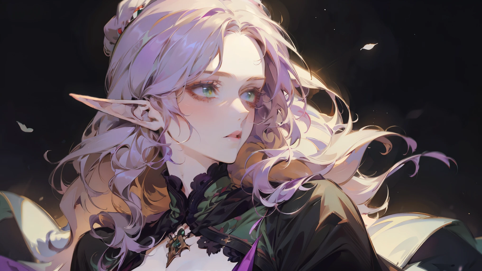 A beautiful, elegant girl with purple hair, green eyes and pale skin. Her hair is long and curly, she has two cute tufts on the sides. She is an elf. elf ears. She has a pensive look on her face. Black background.