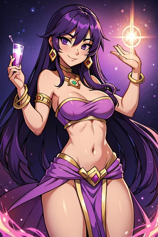 (best quality:1.3), (4K quality), (Detailed face:1.2), (Detailed eyes:1.2), Anime Style, solo, 1girl, 25 year old woman, sorceress, (dark skin:1.2), purple hair, wavy hair, long hair, purple eyes, mascaras, purple eyeshadow, (tattoos:1.2), medium breasts, waist, slender legs, attractive body, slim figure, perfect shape, ((Wearing: purple strapless top, purple loincloth, pelvic curtain, golden bracelets)), holding a magical stuff, purple magic. She had a refreshing, charming personality and is ambiguous and mysterious. looking at viewer, she's looking at the camera with a flirtatious smile. Fantasy based setting with purple background