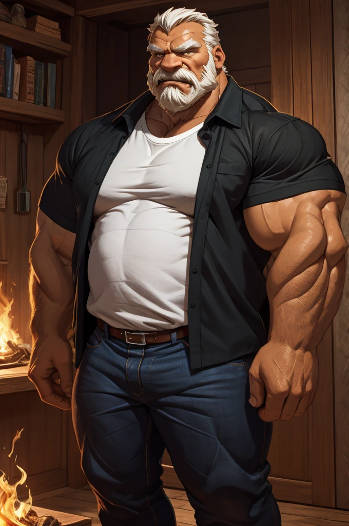extremely huge muscular, massive muscular, full-body, well-muscled old man in a white shirt. Make sure the resulting image has a cartoonish look, with vibrant colors and smooth edges. Add details to give the old man an angry look, such as furrowed brows and a tight mouth. Make sure that the black shirt striped with white is an important element of the image, and add details to make it attractive and interesting. Add textures and details to make the image more realistic, such as the appearance of the shirt texture and the appearance of the skin. Make sure the resulting image is high resolution, 8K quality."