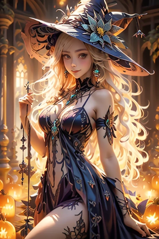 intricate details, wide shot, (1girl, (alraune girl, alraune_\(monster girl encyclopedia\):1.1), nectar,flower, vines:1.1), looking down, seductive smile, floating, garden, palace, horror \(theme\), halloween, pumpkin, skull, spider web, bat, (Patachitra_Paintings:1.2), frontlighting