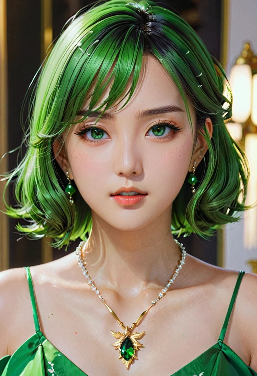 a close up of a woman with a green dress and a necklace, artwork in the style of guweiz, realistic anime 3 d style, beautiful anime portrait, anime realism style, detailed portrait of anime girl, beautiful character painting, by Yang J, stunning anime face portrait, realistic anime artstyle, portrait of an anime girl, beautiful anime style