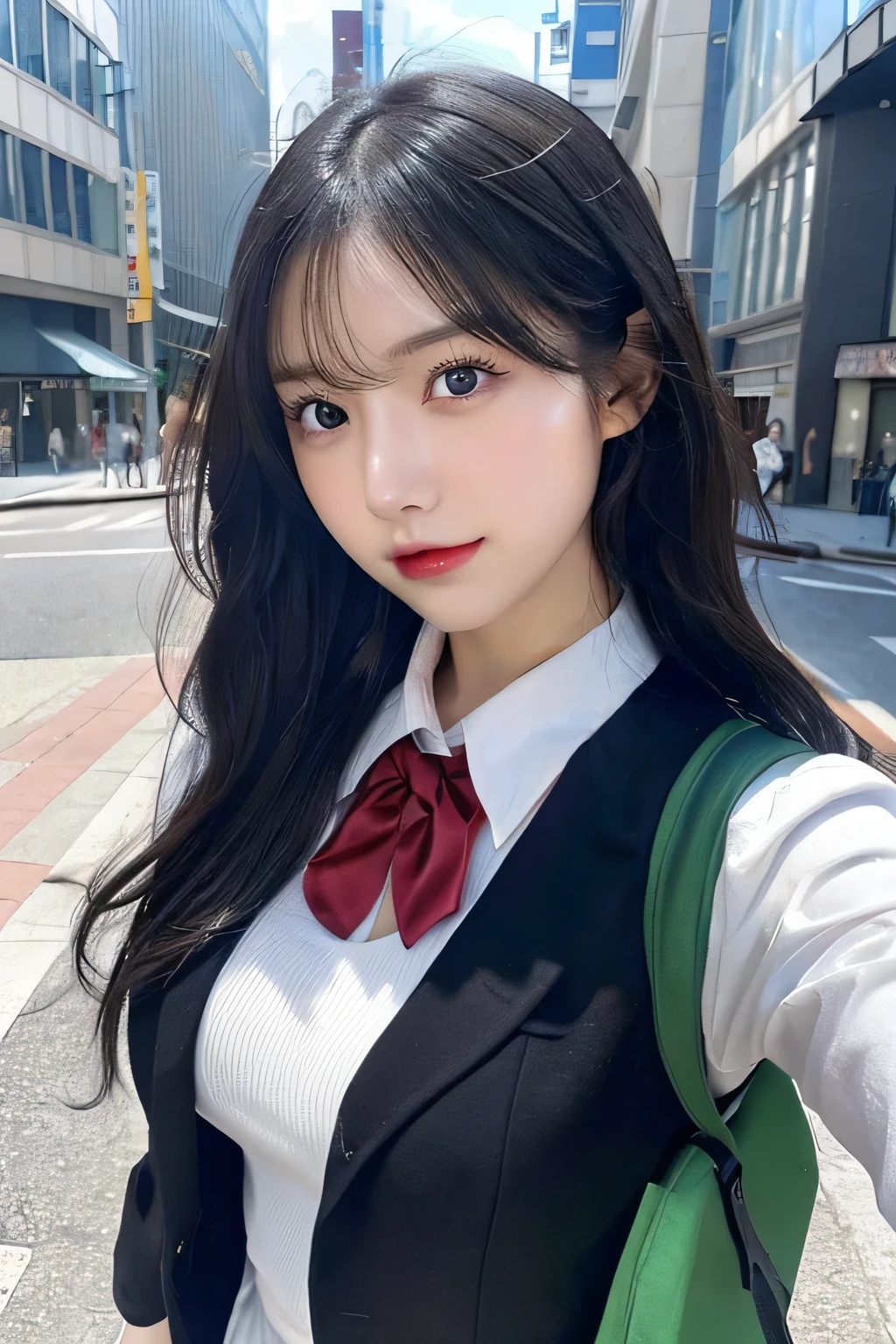 (Huge boobs、high school girl、uniform、School Bags)、(highest quality,masterpiece:1.3,超A high resolution,),(Ultra-detailed,Caustics),(Photorealistic:1.4,RAW shooting,)Ultra-Realistic Capture,Very detailed,High resolution 16K for human skin、 The skin texture is natural、、The skin looks healthy、The color is also uniform.、 Use natural light and color,One Woman,White European,,cute,Black-haired, Long black hair,(Depth of written boundary、chromatic aberration、、Wide range of lighting、Natural Shading、)、(Hair swaying in the wind:1.2)、Tokyo cityscape, Red glossy lips, Long black hair, Blue or green eyes