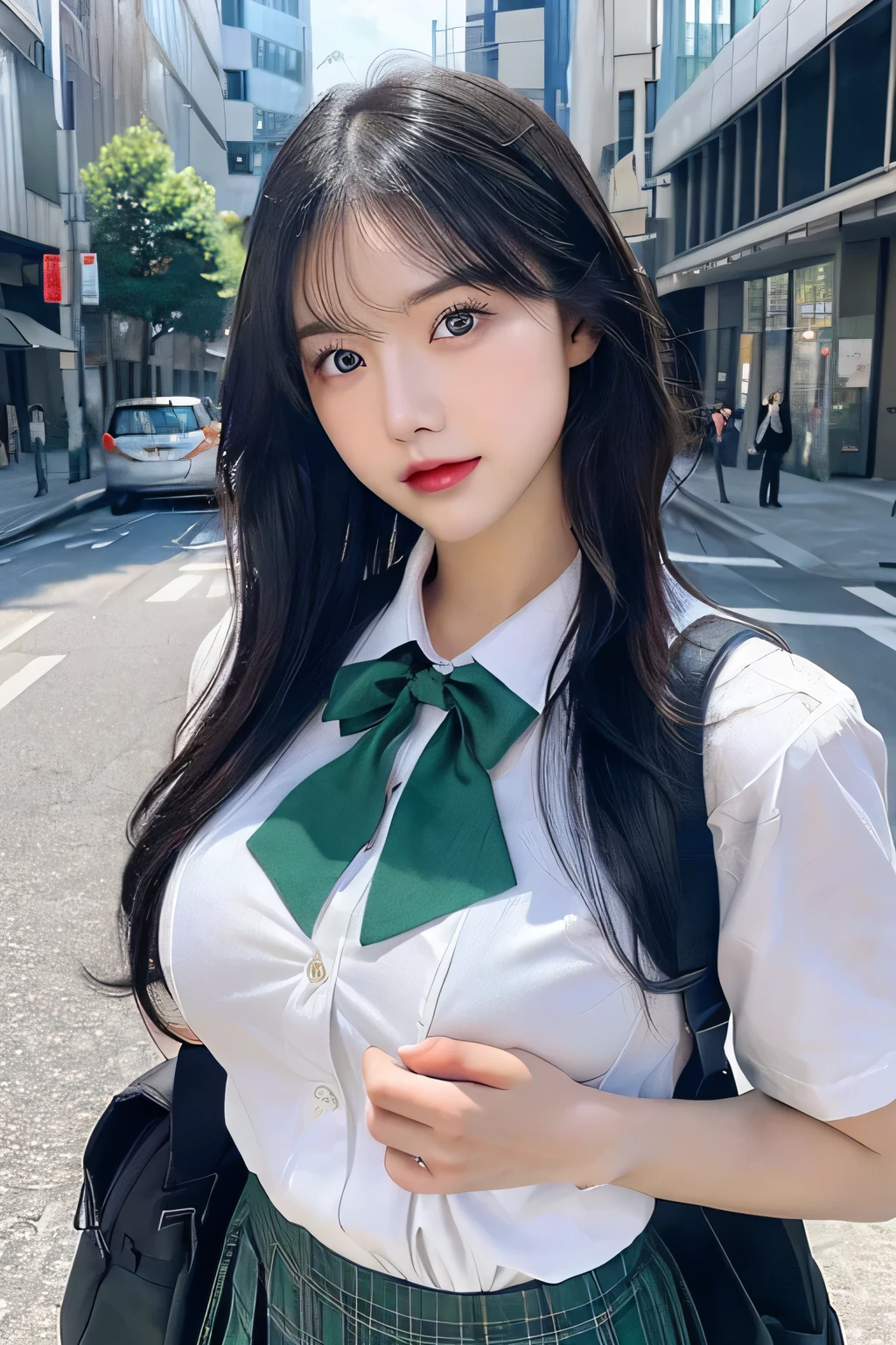 (Huge boobs、high school girl、uniform、School Bags)、(highest quality,masterpiece:1.3,超A high resolution,),(Ultra-detailed,Caustics),(Photorealistic:1.4,RAW shooting,)Ultra-Realistic Capture,Very detailed,High resolution 16K for human skin、 The skin texture is natural、、The skin looks healthy、The color is also uniform.、 Use natural light and color,One Woman,White European,,cute,Black-haired, Long black hair,(Depth of written boundary、chromatic aberration、、Wide range of lighting、Natural Shading、)、(Hair swaying in the wind:1.2)、Tokyo cityscape, Red glossy lips, Long black hair, Blue or green eyes
