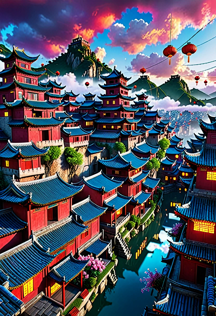arafed view of a village with a lot of lights on the buildings,Color (Fantasy: 1.2), (cyberpunk chinese ancient castle,), (irregular red building floating on the cloud), patchwork cottages, flower decorations, lights, chinese city, (sky city), ross tran, light shafts, realistic lighting, masterpiece, high quality, beautiful graphics, high detail, masterpiece, high quality, beautiful graphics, high detail, , flying birds in the sky, unreal engine 5, --v6