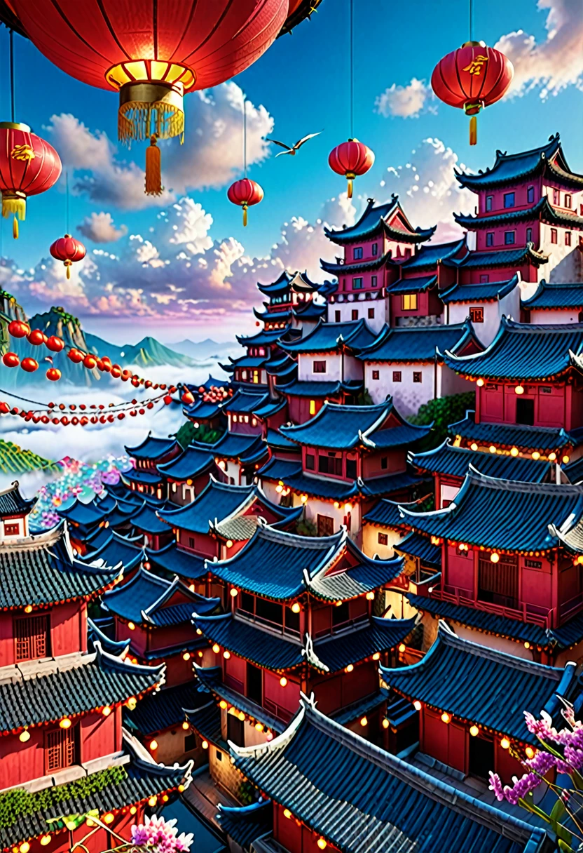 arafed view of a village with a lot of lights on the buildings,Color (Fantasy: 1.2), (cyberpunk chinese ancient castle,), (irregular red building floating on the cloud), patchwork cottages, flower decorations, lights, chinese city, (sky city), ross tran, light shafts, realistic lighting, masterpiece, high quality, beautiful graphics, high detail, masterpiece, high quality, beautiful graphics, high detail, , flying birds in the sky, unreal engine 5, --v6