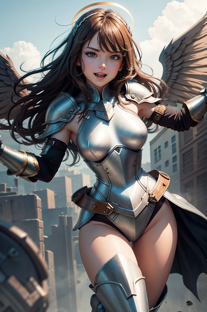 fantasy, 1 angel_girl, cute, , brown_hair, medium_bob_hair, long_bangs, halo, bare_shoulder, thighhighs, silver_armor, waist_armor, little_breasts, angry, grinning, open_mouth_teeth, 1 pair_wings, dynamic_pose_fighting, floating, bare_crotch, headgear, gauntlet, greaves, city_background, slightly_spread_legs, solo, groin_naked,