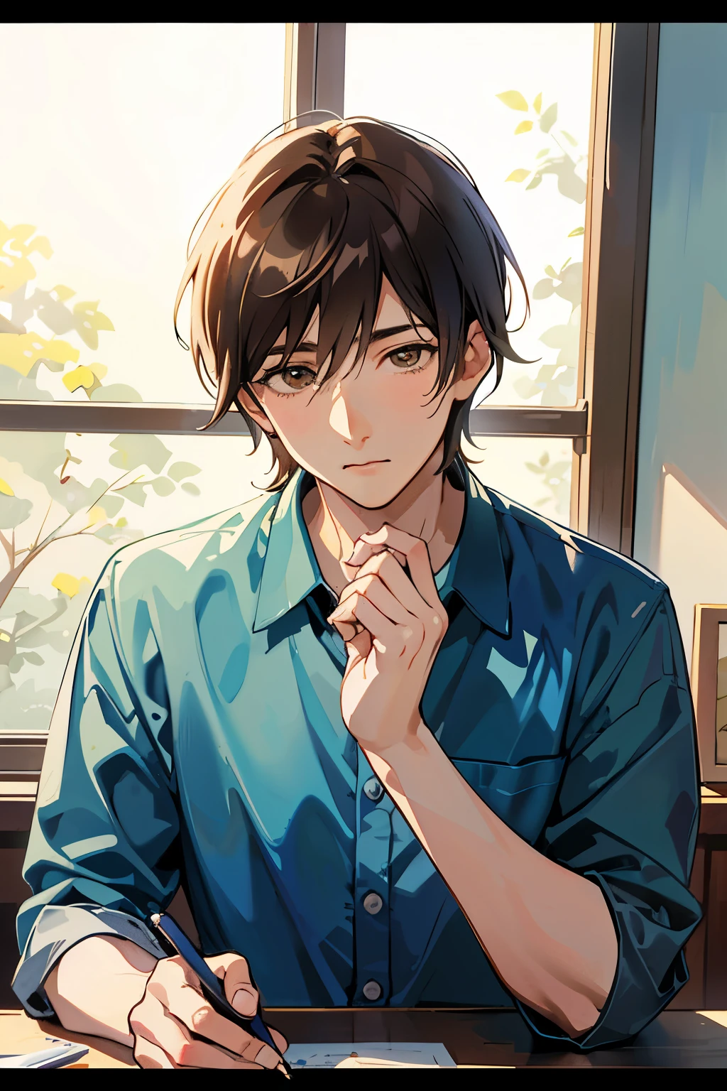 ((masterpiece)), ((Super detailed)), close, eye close, Pixiv, mai yoneyama, Yoneyamai, Best Shadow, Best lighting, ((highest quality)), movie,[male focus],he has brown hair,s,30years old,bl,retro,watercolor painting,realistic,inroom,shirt