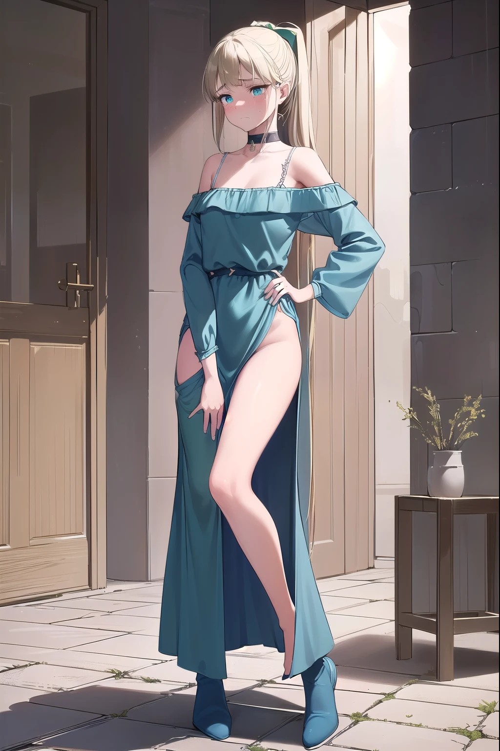 Blonde Hair, choker, (Green Eyes:1.5), Long Hair, break bare shoulders, blush, blush stickers, clavicle, Off the shoulder, Pentacles, wizard, (Blue clothes:1.5), (1 woman, have to pee, peeing herself, peeing, peeing self, crying, very desperate to pee), (have to pee, have to pee, peeing, peeing self, peeing, peeing self:1.1), (casual maxi dress, booties, have to pee, covering crotch strongly, knees together and feet apart:1.5), (hand between legs, leaning forward:1.2), (shaded face, despairing, anxiety, breathlessly, full face blush, embarrassed, looking away:1.5), (girl can't stand up straight:1.8), (full body:1.5), (public restroom, toilet wanting queue),one girl, folded ponytail, amount ,side lock, (small breasts:1.2), break looking at viewer, break indoors, classroom, break (masterpiece:1.2), highest quality, High resolution, unity 8k wallpaper, (figure:0.8), (detailed and beautiful eyes:1.6), highly detailed face, perfect lighting, Very detailed CG, (perfect hands, perfect anatomy)、fall down on the bed、It's fallen down、A system where the face can be seen from between the legs、Open your mouth wide、it's coming、a wistful face、sigh、embarrassed expression(1:2)、heavy breathing、racy underwear、See-through underwear、(((open your legs wide)))、sit、lie down on the bed