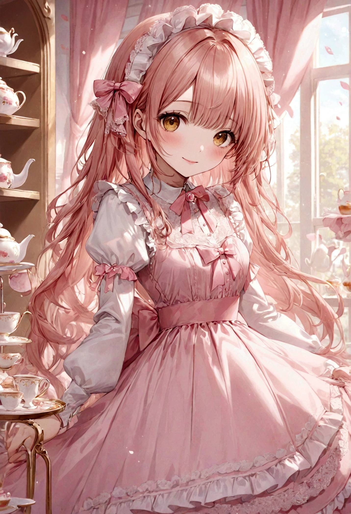 ((top-quality)), ((​masterpiece)), ((ultra-detailliert)), (extremely delicate and beautiful), peach pink hair, long straight hair, golden eyes, cute woman, wearing pink lolita dress, lolita dress with lace, cute smile, pink sash bows, tea party background