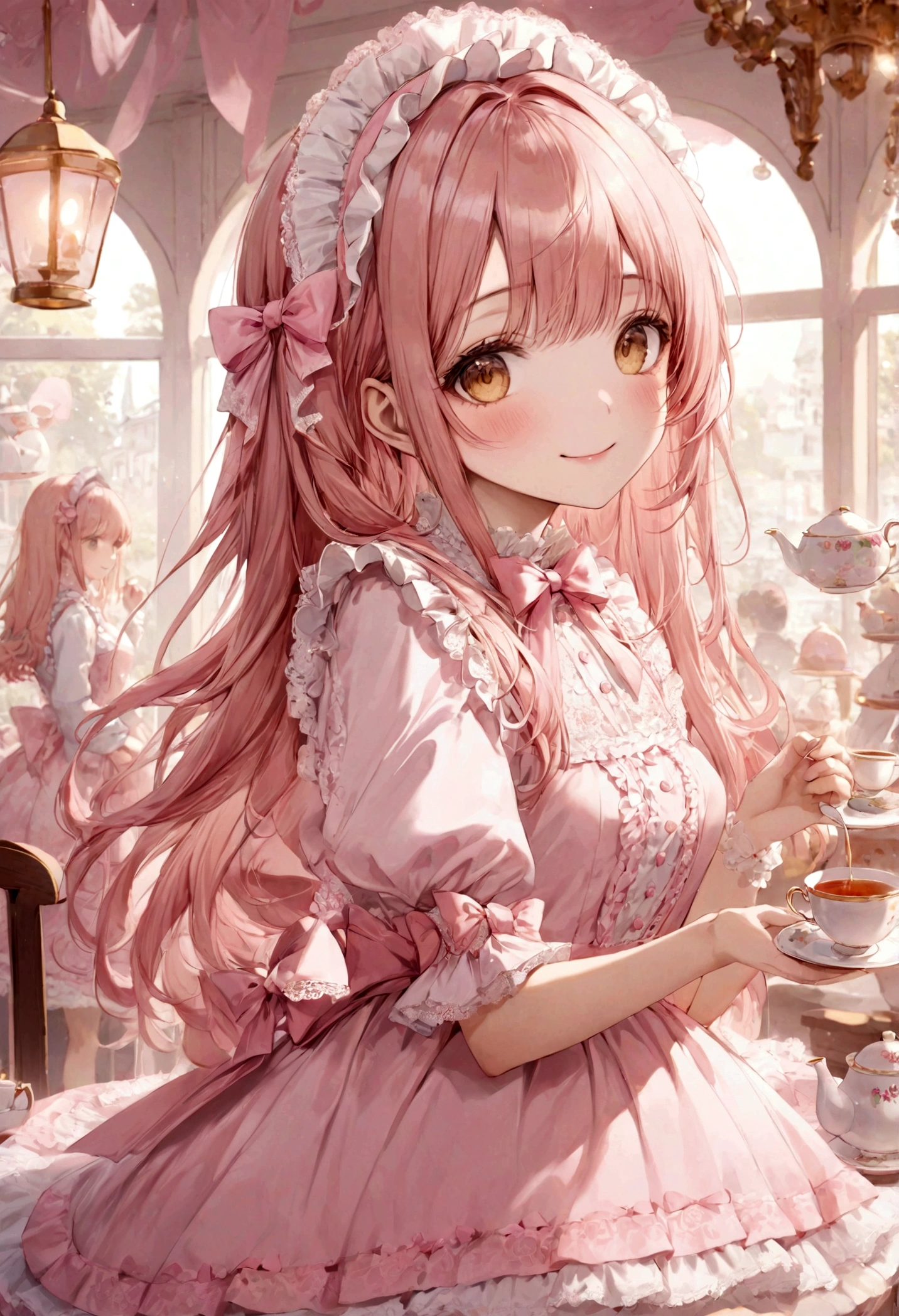((top-quality)), ((masterpiece)), ((ultra-detailliert)), (extremely delicate and beautiful), peach pink hair, long straight hair, golden eyes, cute woman, wearing pink lolita dress, lolita dress with lace, cute smile, pink sash bows, tea party background