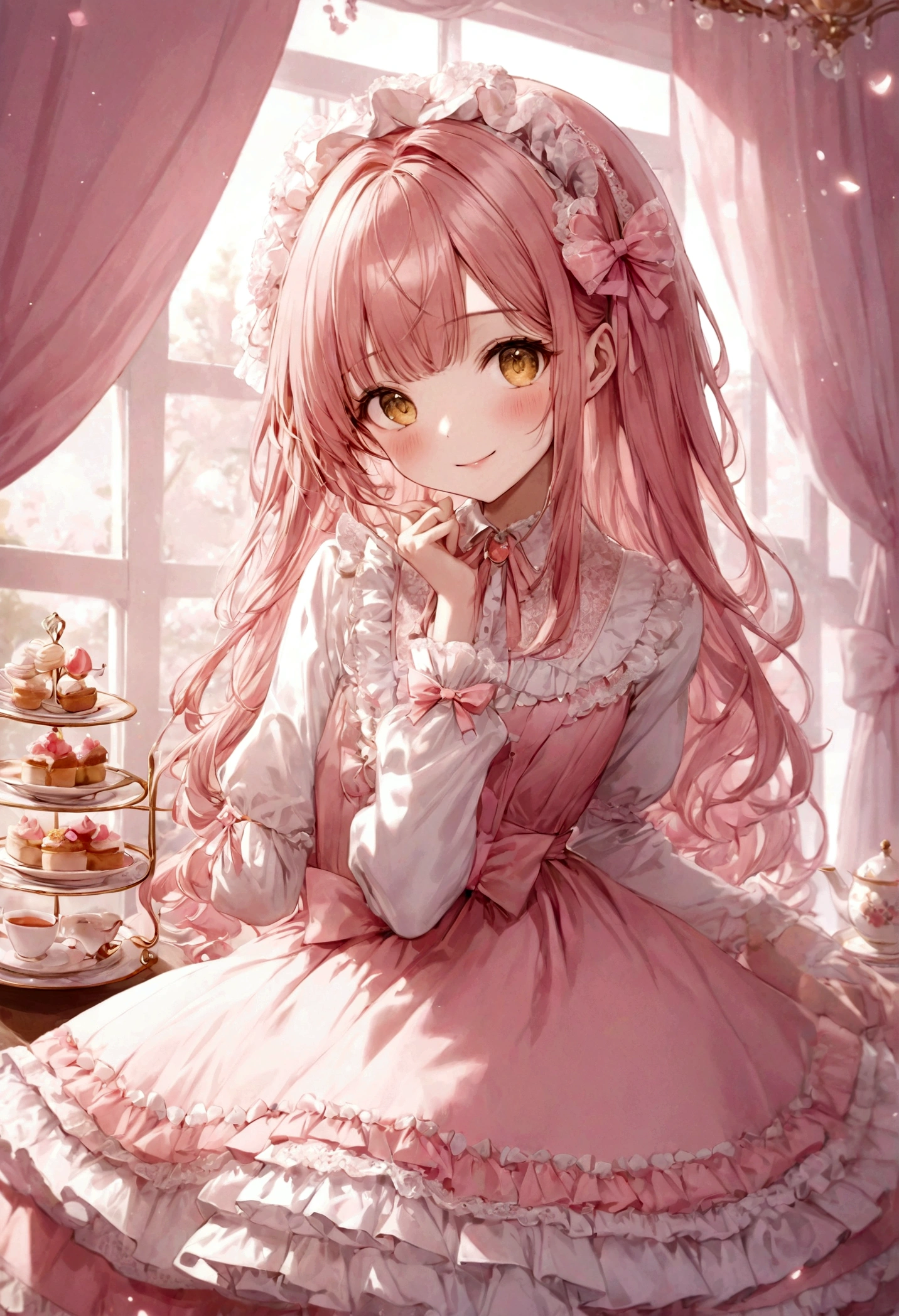 ((top-quality)), ((masterpiece)), ((ultra-detailliert)), (extremely delicate and beautiful), peach pink hair, long straight hair, golden eyes, cute woman, wearing pink ta dress, loliress with lace, cute smile, pink sash bows, tea party background