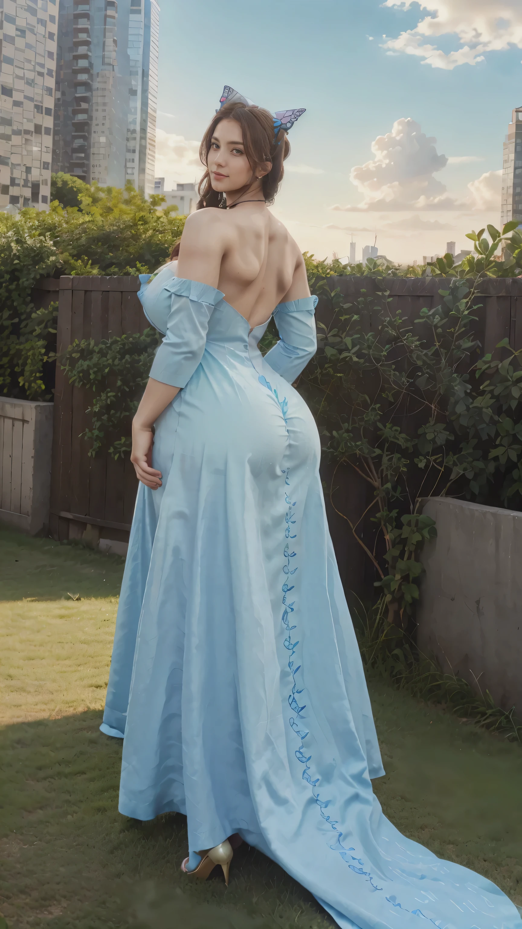 high quality,8K,high resolution,wife,1 personality,tall,realistic texture,Much Muchi,cute smile,one hand on back hip,(Plump body 8),(beautiful sky blue long frock, added butterfly design),(Muchimuchi body 8),(newyork building or garden scenery),colorful, round sunglasses,