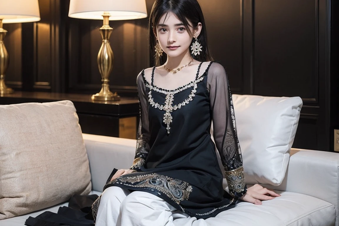 beautiful cute young attractive girl indian, teenage girl, village girl,18 year old,cute, instagram model,long black hair . Envision a Pakistani girl in a beautiful white shalwar kameez, seated elegantly in a luxurious hotel lounge, her chest subtly emphasized, exuding confidence and grace, adorned with exquisite jewelry including dangling earrings, Paperwork, intricate paper cutting with layered textures and delicate patterns, --ar 16:9 --v 5