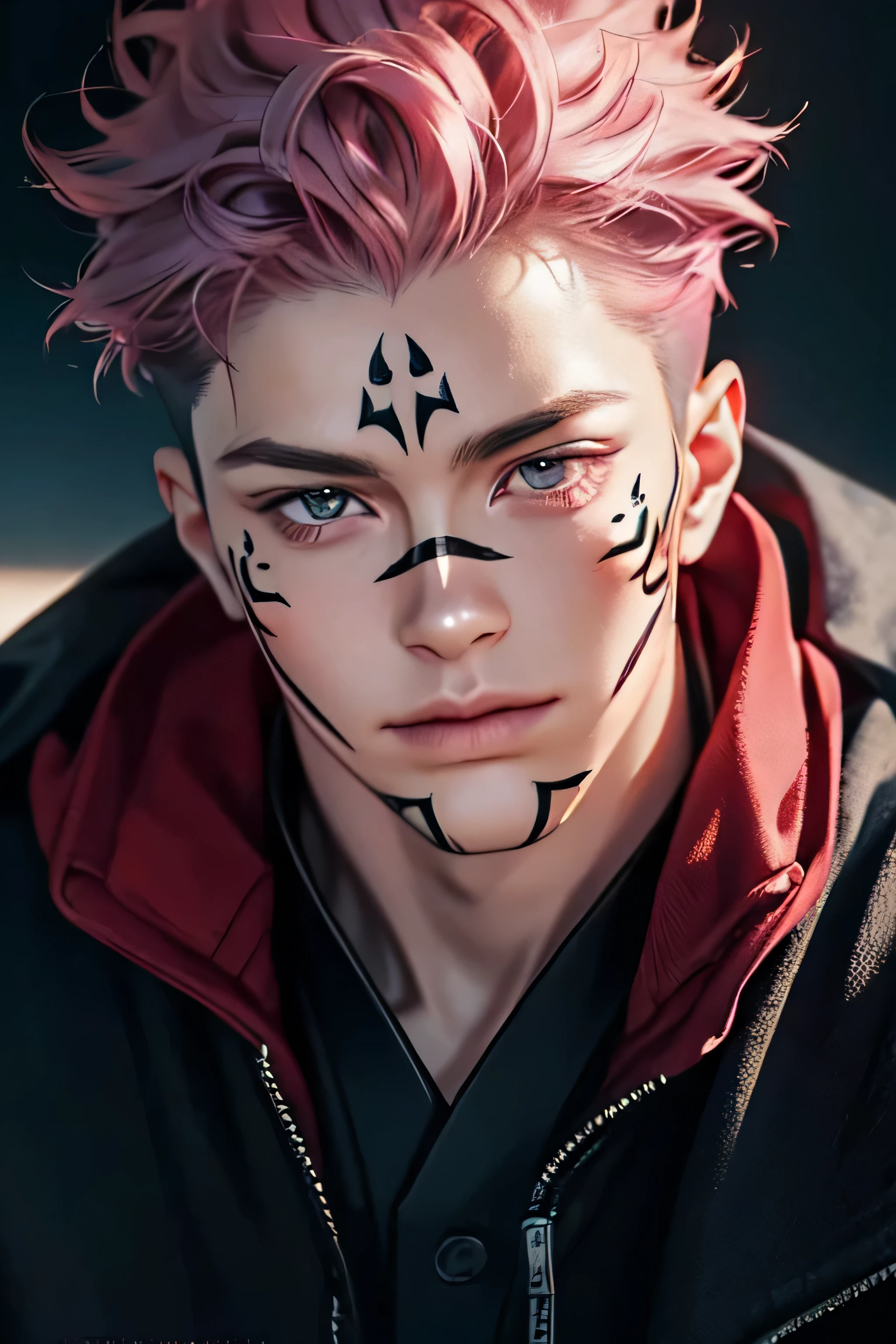 sukuna,pink hair,tattoo_ryoumen,tattoo_on_his_face,wearing black and red jacket,Professional photography,depth of field,85 mm,realism,hyperrealism,
RAW,phenomenal aesthetics,luxurious graphics (masterpiece, best quality:1.3),Backlight,Intricate details,
Intricate,Detailed,Perfect composition,Intricate details,Masterpiece,
