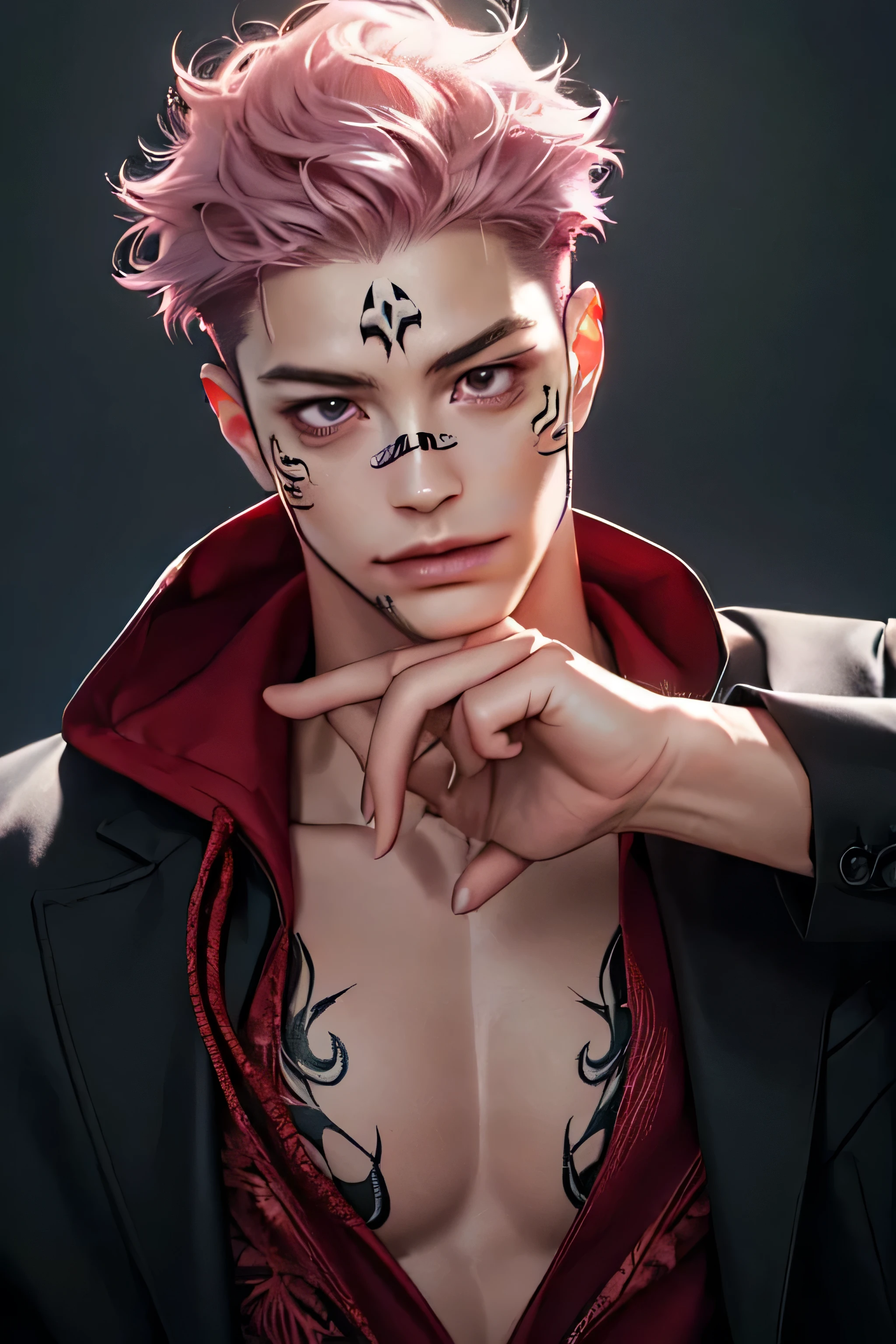 sukuna,pink hair,tattoo_ryoumen,tattoo_on_his_face,wearing black and red jacket,Professional photography,depth of field,85 mm,realism,hyperrealism,
RAW,phenomenal aesthetics,luxurious graphics (masterpiece, best quality:1.3),Backlight,Intricate details,
Intricate,Detailed,Perfect composition,Intricate details,Masterpiece,