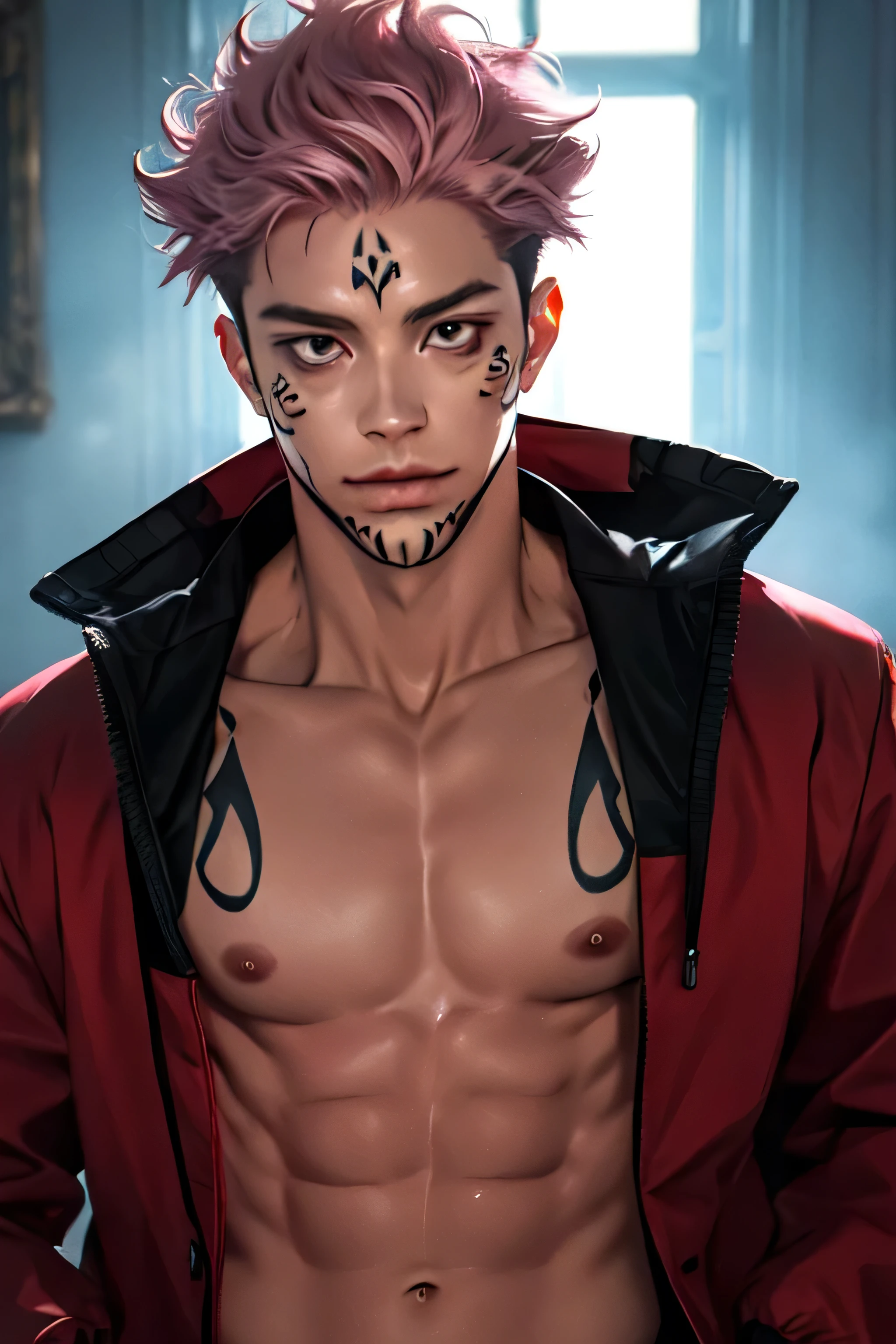 sukuna,pink hair,tattoo_ryoumen,tattoo_on_his_face,wearing black and red jacket,Professional photography,depth of field,85 mm,realism,hyperrealism,
RAW,phenomenal aesthetics,luxurious graphics (masterpiece, best quality:1.3),Backlight,Intricate details,
Intricate,Detailed,Perfect composition,Intricate details,Masterpiece,