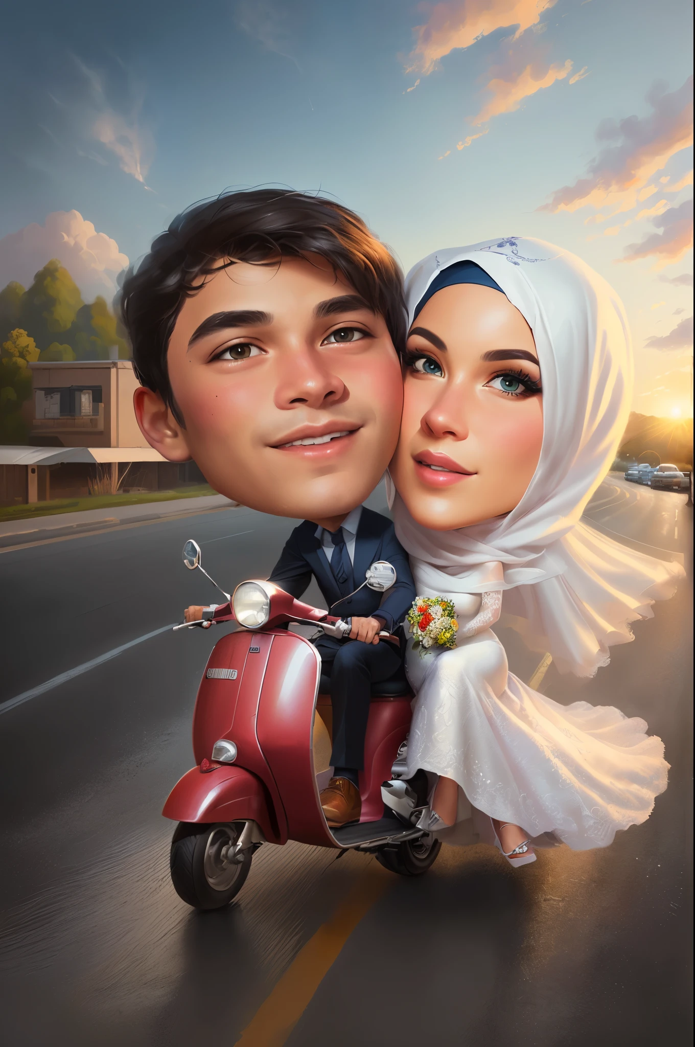 cartoon of a couple riding a scooter on a road, wedding, Women wear hijabs and wedding dresses, men wear ties, caricature illustration, caricature style, digital art cartoon, cartoon artstyle, cartoon digital art, caricature, in cartoon style, cartoon digital painting, cartoon art, realism artstyle, cartoon art style, cartoon portrait, caricature!!!, digital cartoon painting art, photorealistic!!!!!!! art style, realistic cartoon, potrait