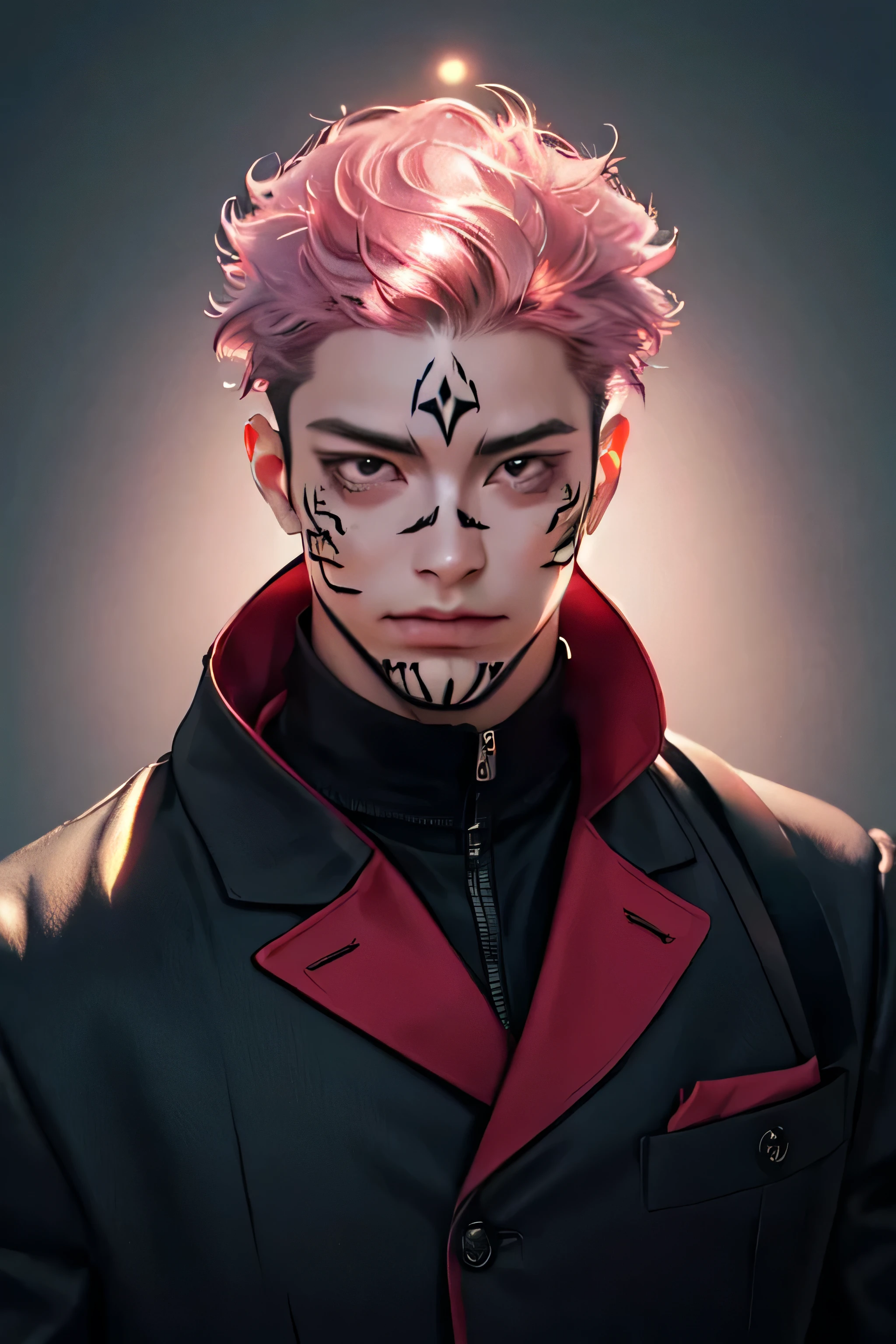 sukuna,pink hair,tattoo_ryoumen,tattoo_on_his_face,wearing black and red jacket,Professional photography,depth of field,85 mm,realism,hyperrealism,
RAW,phenomenal aesthetics,luxurious graphics (masterpiece, best quality:1.3),Backlight,Intricate details,
Intricate,Detailed,Perfect composition,Intricate details,Masterpiece,