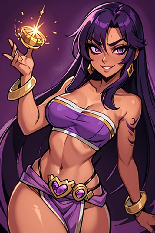 (best quality:1.3), (4K quality), (Detailed face:1.2), (Detailed eyes:1.2), ,Anime Style, solo, 1girl, 25 year old woman, sorceress, (dark skin:1.2), purple hair, wavy hair, long hair, purple eyes, mascaras, purple eyeshadow, (tattoos:1.2), medium breasts, waist, slender legs, attractive body, slim figure, perfect shape, ((Wearing: purple strapless top, purple loincloth, pelvic curtain, golden bracelets)), holding a magical stuff, purple magic. She had a refreshing, charming personality and is ambiguous and mysterious. looking at viewer, she's looking at the camera with a flirtatious smile. Fantasy based setting with purple background
