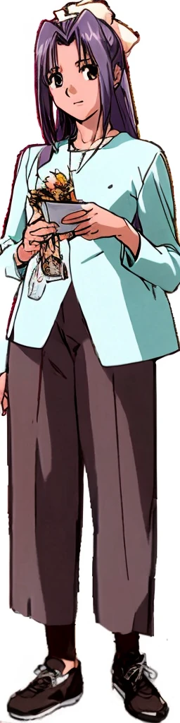 The tall and shapely Momoko Koigakubo is standing in a light blue dress and brown trousers.。