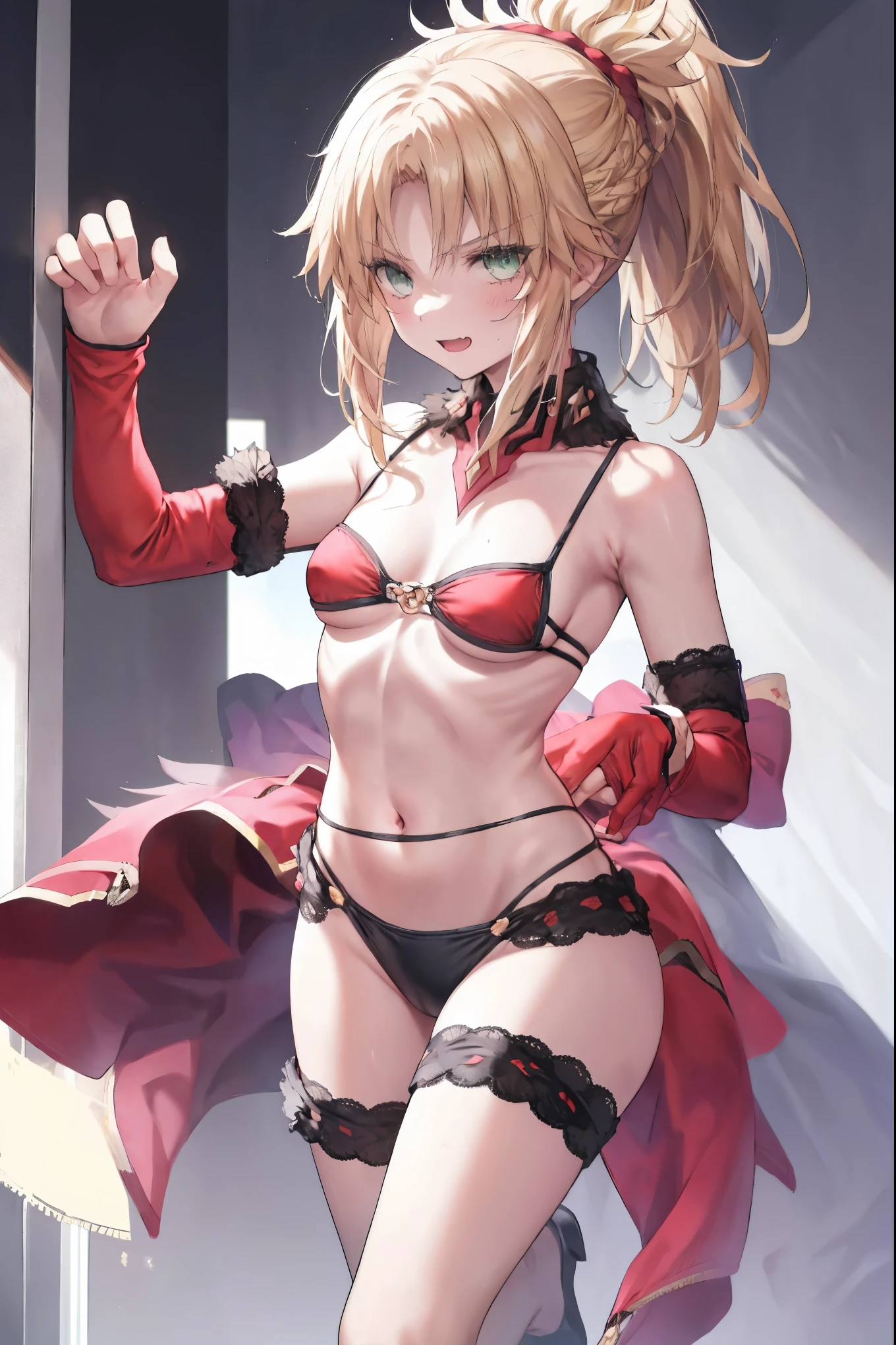 Masterpiece, Best Quality, illustration, city, 1girl, Mordred \(fate\), collarbone, Detailed blond hair ponytail braid, green eyes,,navel,thigh-high, covered_pussy,flat_chest,long_sworddangerousbeast,elbow_gloves,
,wolf_tail,wolf_ears,fang,happy,nihil,smile,spread_legs,claw_pose,armpits,open_mouth,angry,squat,bikini_bottoms,rise_hands,Highquality_hads,perfect_fingers,oil