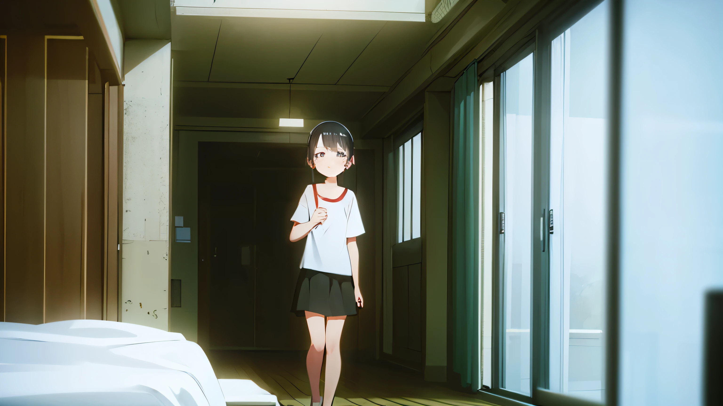 crying, anime style, cute, boish, short hair, black hair, in darkness room,