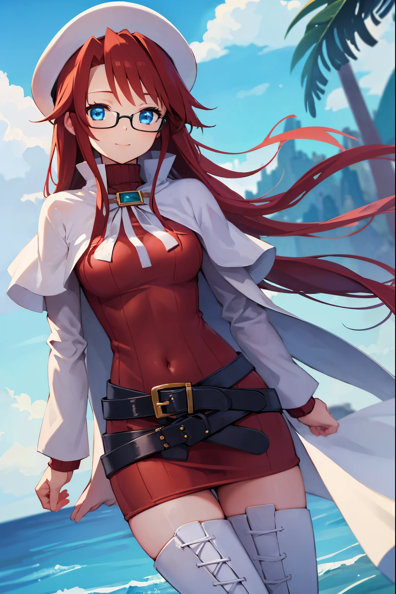 summonnightaty, aty, (young:1.3),long hair, blue eyes, red hair, big_berets, hat, glasses,
BREAK long hair, thighhighs, hat, dress, naked_legs, glasses, belt, cape, sweater, zettai ryouiki, beret, thigh boots, white footwear, ribbed sweater, loose belt,solo,
BREAK outdoors, fantasy,on_beach,
,Highquality_hads,perfect_fingers,
BREAK (masterpiece:1.2), best quality, high resolution, unity 8k wallpaper, (illustration:0.8), (beautiful detailed eyes:1.6), extremely detailed face, perfect lighting, extremely detailed CG, (perfect hands, perfect anatomy),covered_nipples,covered_navel ,half_eyes,long_sword,sleepy,standing,red_sweater,apart_knees,magical_effect,spread_legs, have_a_book,teacher,rise_knee,Smile,rise_hand,look_down_viewer,spread_arms,sea_waves,looking_into,blue_sky,sitting