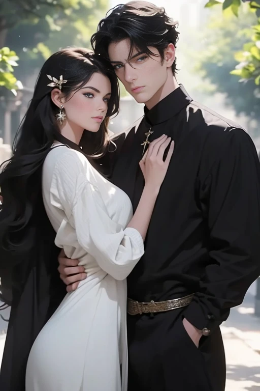 (masterpiece, highest quality, high resolution, 8k, difficulty: 1.2) photorealistic book cover in the genre of epic romantic fantasy, in the center of which a COUPLE (a man and a woman) is depicted. Spring romantic fantasy in the center stands a handsome, tall, statuesque, courageous young brunette man with long black hair, blue eyes, dressed in an ancient black military uniform and golden armor, he hugs from behind a beautiful, incredibly beautiful young femme fatale blonde with very short wheat-colored hair, gray-blue eyes, she The princess. proportional, delicate, shimmering, beautiful faces, daytime bokeh, fairy tale fairy, mysterious, bright spring color scheme, (Best quality, 8K, high resolution, Masterpiece: 1.2), Over-detailed (Realistic, Photorealistic, photorealistic-realistic: 1.37), Artistic decoration in a creative style, Historical, classic, sophistication, multicolor, high detail, soft lighting, luxurious furnishings, dress with details, bright flowers, exquisite jewelry, Unearthly atmosphere, Elegant pose, Graceful curves, Loose hair, Breathtaking patterns on textiles, Delicate floral decor, Dazzling set of crystal accessories, mysterious and dreamy atmosphere, impeccable attention to detail. expressive eyes, beautiful face.