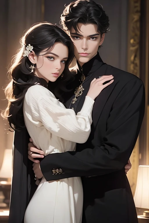 (masterpiece, highest quality, high resolution, 8k, difficulty: 1.2) photorealistic book cover in the genre of epic romantic fantasy, in the center of which a COUPLE (a man and a woman) is depicted. Spring romantic fantasy in the center stands a handsome, tall, statuesque, courageous young brunette man with long black hair, blue eyes, dressed in an ancient black military uniform and golden armor, he hugs from behind a beautiful, incredibly beautiful young femme fatale blonde with very short wheat-colored hair, gray-blue eyes, she The princess. proportional, delicate, shimmering, beautiful faces, daytime bokeh, fairy tale fairy, mysterious, bright spring color scheme, (Best quality, 8K, high resolution, Masterpiece: 1.2), Over-detailed (Realistic, Photorealistic, photorealistic-realistic: 1.37), Artistic decoration in a creative style, Historical, classic, sophistication, multicolor, high detail, soft lighting, luxurious furnishings, dress with details, bright flowers, exquisite jewelry, Unearthly atmosphere, Elegant pose, Graceful curves, Loose hair, Breathtaking patterns on textiles, Delicate floral decor, Dazzling set of crystal accessories, mysterious and dreamy atmosphere, impeccable attention to detail. expressive eyes, beautiful face.