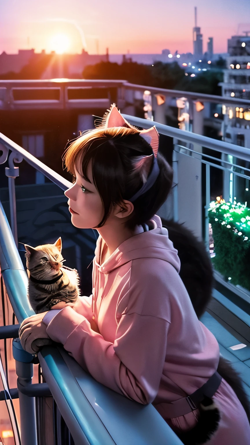 (Super detailed)),(Skyscraper:1.5),Back view,silhouette,Octane,(静かなnight空),night,night空,Starry sky in the countryside,Blue and pink retro style,Neon Signs,((Woman playing with cat on balcony 1:1.5)),Lots of things,Long brown hair,Neon flickers,Wearing a baggy hoodie,Anime Aesthetics,90s nostalgia and comfort,Lo-Fi,Lo-Fi男子,Lo-Fiの象徴,Anime Style,Expressed with a delicate and poetic touch,Surreal
