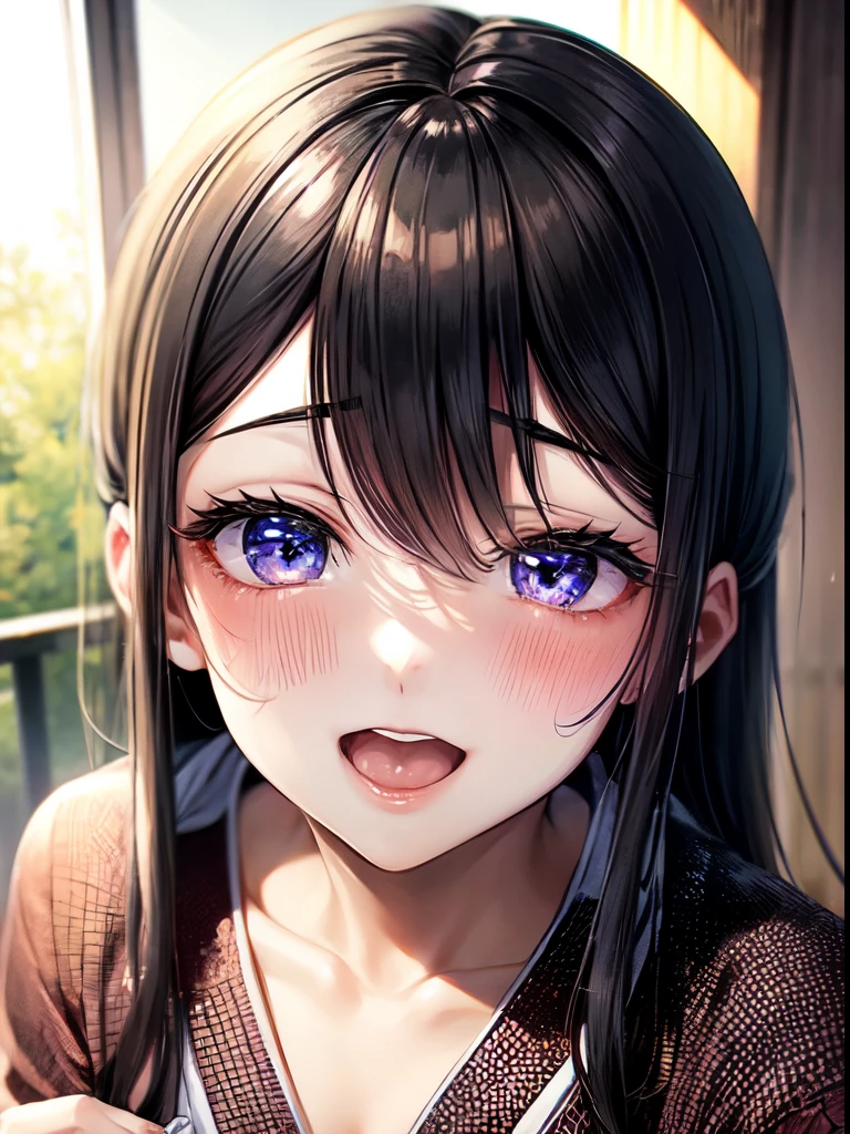 ((highest quality)), ((masterpiece)), ((Perfect Face))、Heart Eyes、Black Hair、Straight hair、orgasm、Blushed、My whole body is sweating、Ahegao、Hakama with long hem、band、kimono