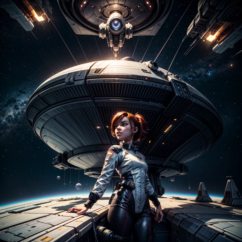 8K, Best Quality, Masterpiece, Ultra High Resolution, (highly detailed CG unity 8k wallpaper), (best illustration), (best shadows), isometric 3D, octane rendering, ray tracing, highly detailed, (wide panoramic view: 1.1), (side view), mean girl with a stern face in a spacefleet uniform stands on the bridge of a spaceship and pointing with hand to command to armada to attack the enemy, many spaceships in windows