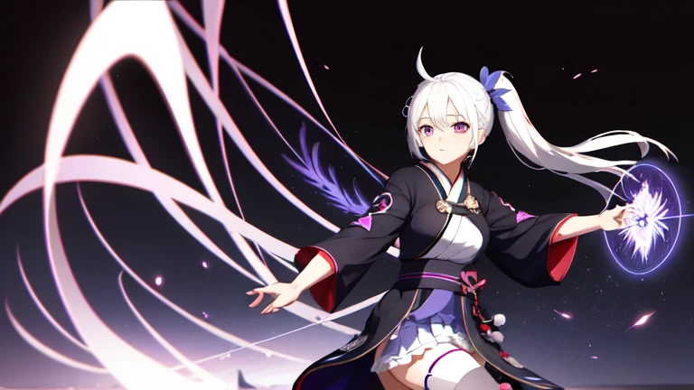 1 Girl, Japanese clothes, Ponytail ,white hair, Purple Eyes, Magic Circle, Blue flame, blue flame, wallpaper, landscape, Blood, Blood splatter, Depth of Field, night, Light Particles, light, Side Light, thigh, destiny \(series\), Genshin Impact,, open jacket, skirt, High Leg Raise, cloud